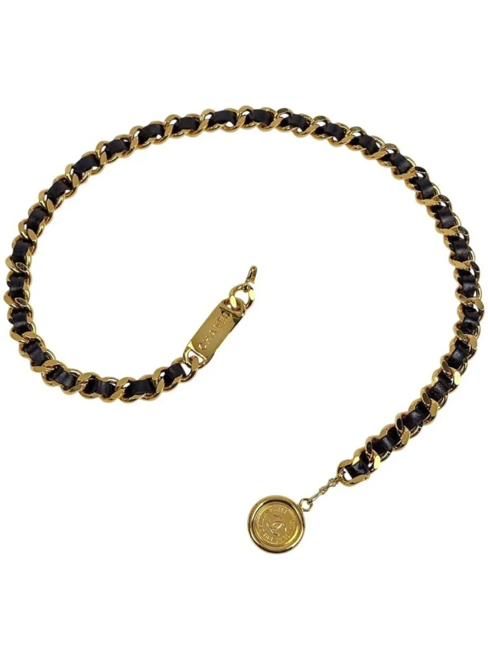 Chanel Belt CC Logo Chain Leather Gold Black